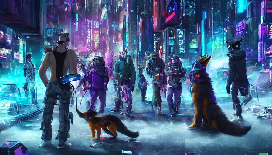 Image similar to high - resolution photograph from a cyberpunk era furry fandom convention ( midwest furfest 2 0 4 7 ), taking place after the genetic revolution and quantum singularity. photorealistic.