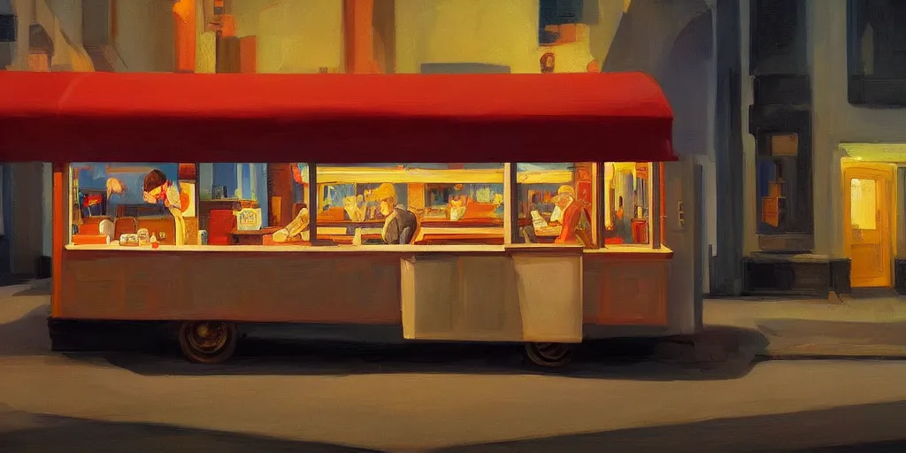 Prompt: a storybook illustration of a lone foodtruck glowing from inside, quiet dark night scene like Edward Hopper masterpiece, intricate, elegant, fantasy, highly detailed, digital painting, concept art, sharp focus, artstation