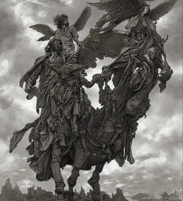 Prompt: cloudy day, three silhouettes riding a giant pigeon in the sky, in the distance, 1 9 7 0 s, intricate, moody, tasteful, intimate, highly detailed, short focus depth, artgerm, donato giancola, joseph christian leyendecker