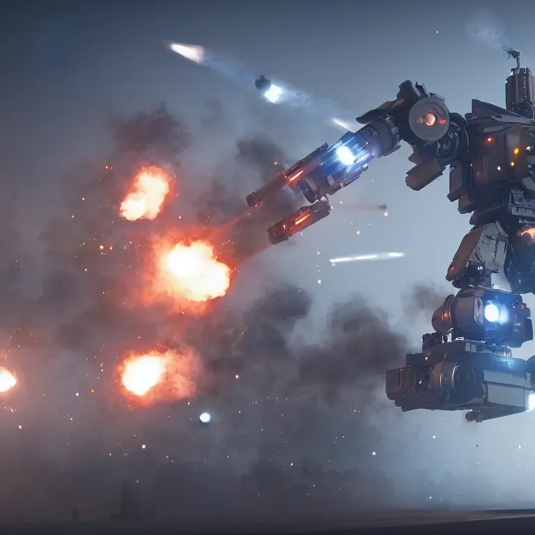 Image similar to Giant police mech fires rockets at helicopter,cinematic lighting, highly detailed, 4k octane render