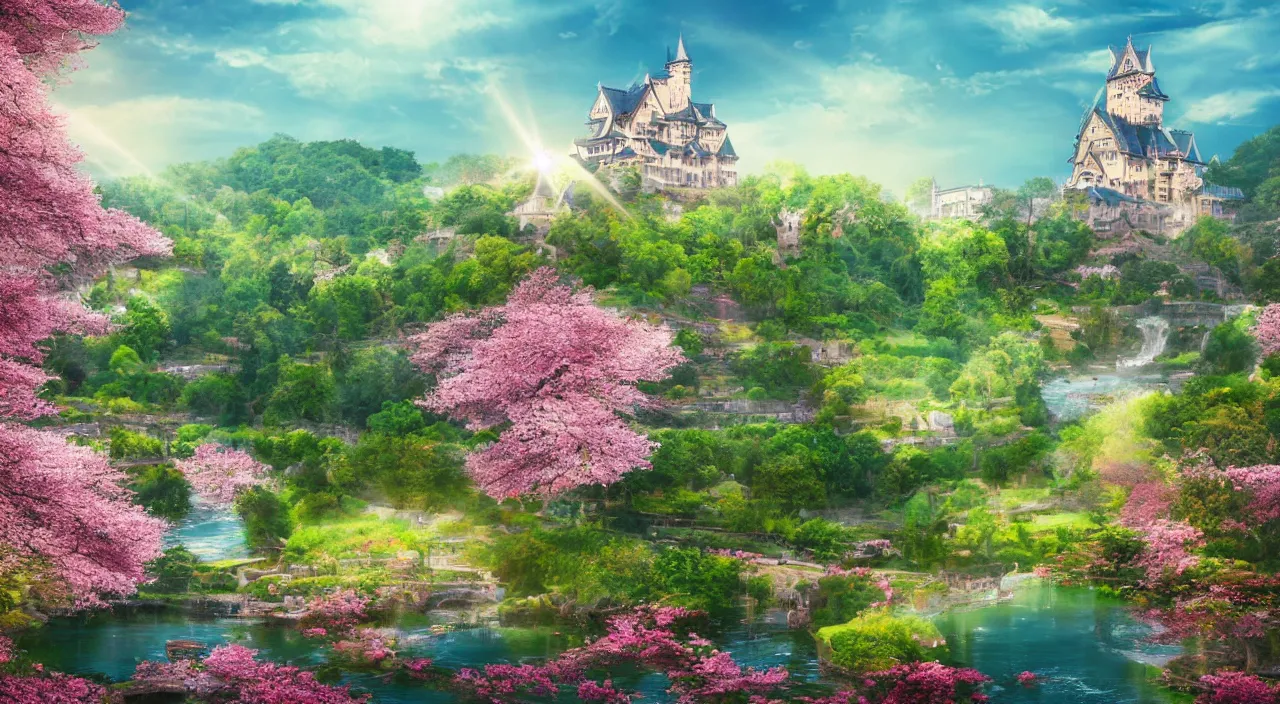 Image similar to landscape with a big castle surrounded by cherry blossom, hyper - detailed, god rays, light, trees, river, trending on artsation