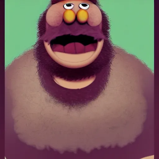 Image similar to a still of a forgotten muppet character looking very manly and modern, hilarious, laughing, hairy chest, huge chin, manly monster tough guy, roughled fur, photo real, photographic, photograph, artstation, trending, featured