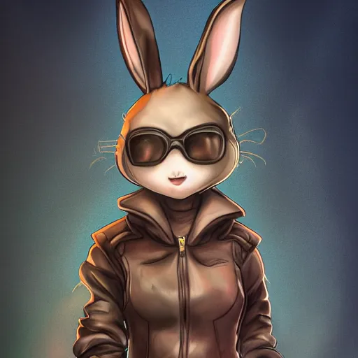 Image similar to A bunny with a small head wearing a leather jacket and leather jeans and leather gloves, trending on FurAffinity, energetic, dynamic, digital art, highly detailed, FurAffinity, high quality, digital fantasy art, FurAffinity, favorite, character art