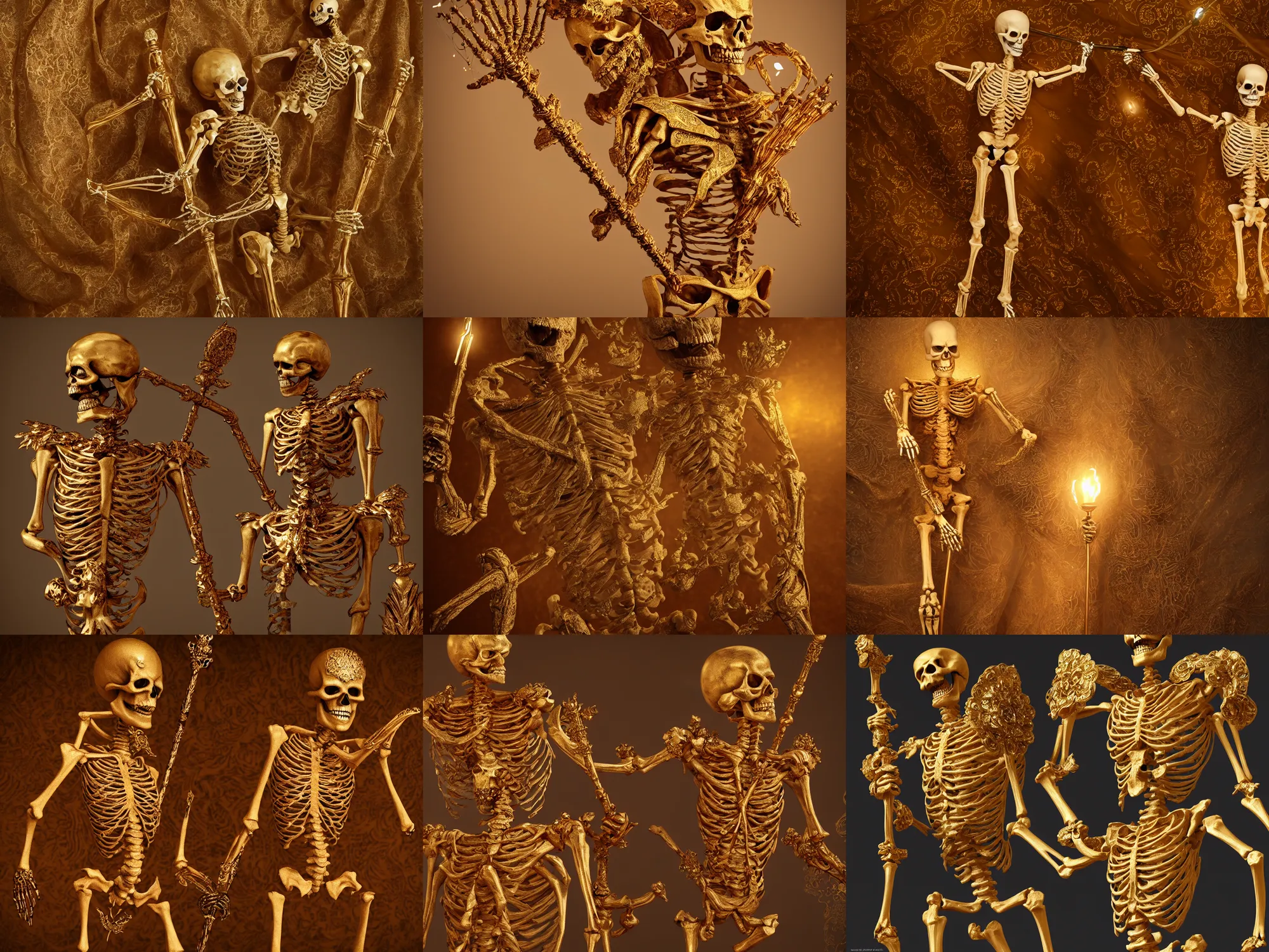 Prompt: front photo of a skeleton intricately carved and decorated, draped in diaphanous gilded fabric, holding a scepter with glowing gems, low light, gold filigree, 4 k, trending on artstation, photorealistic, volumetric lighting, octane render