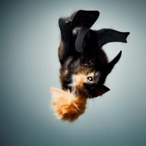 Prompt: bat kitten is flying in living room, photo taken by nikon, very detailed, 4k