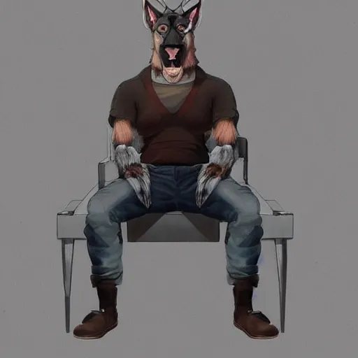 Image similar to a humanoid german shepherd beast - man, sitting on a couch and puts on jeans, artstation, concept art, smooth, sharp foccus ilustration, artstation