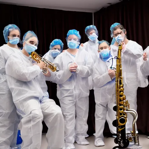 Prompt: doctors playing saxophone made out of clear tubing, syringes, urine collection bag, iv pole, fluid bag, nebulizer equipment, bag - valve mask, intubation equipment, speculum, defibrillator, coban, flexiseal, picc dressing. capacity crowd at concert in surgical theater.