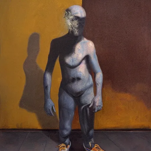 Prompt: a human shadow wandering in sad childhood memories, smoking weed, mental health, derealisation, disconnected, resignation, melancholy, oil painting, by francis bacon, emotional conflict, hd, 8 k, trending on artstation, paradoxal, perfect framing, neo - expressionism, expressive, masterpiece