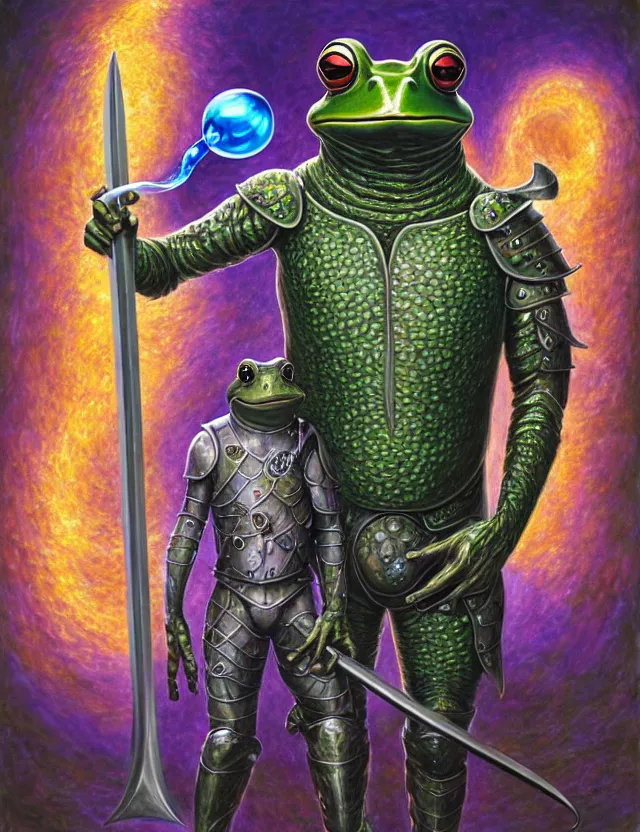 Image similar to anthropomorphic bipedal frog that is wearing full steel plate armor, and holding a colossal sword in his hand, as a matte oil painting and d & d character art, by alex grey, standing, fullbody, floating bubbles, psychedelic, award - winning, extremely detailed, sharp focus