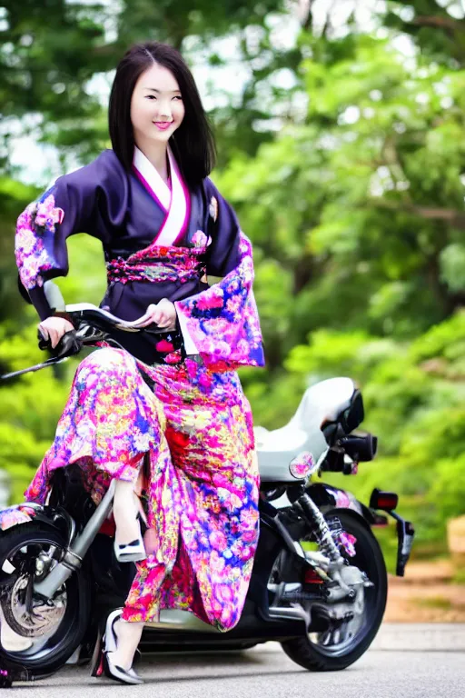 Image similar to full - length photo, young woman, riding a motorcycle, wearing japanese kimono, high heels, 4 k, colourful