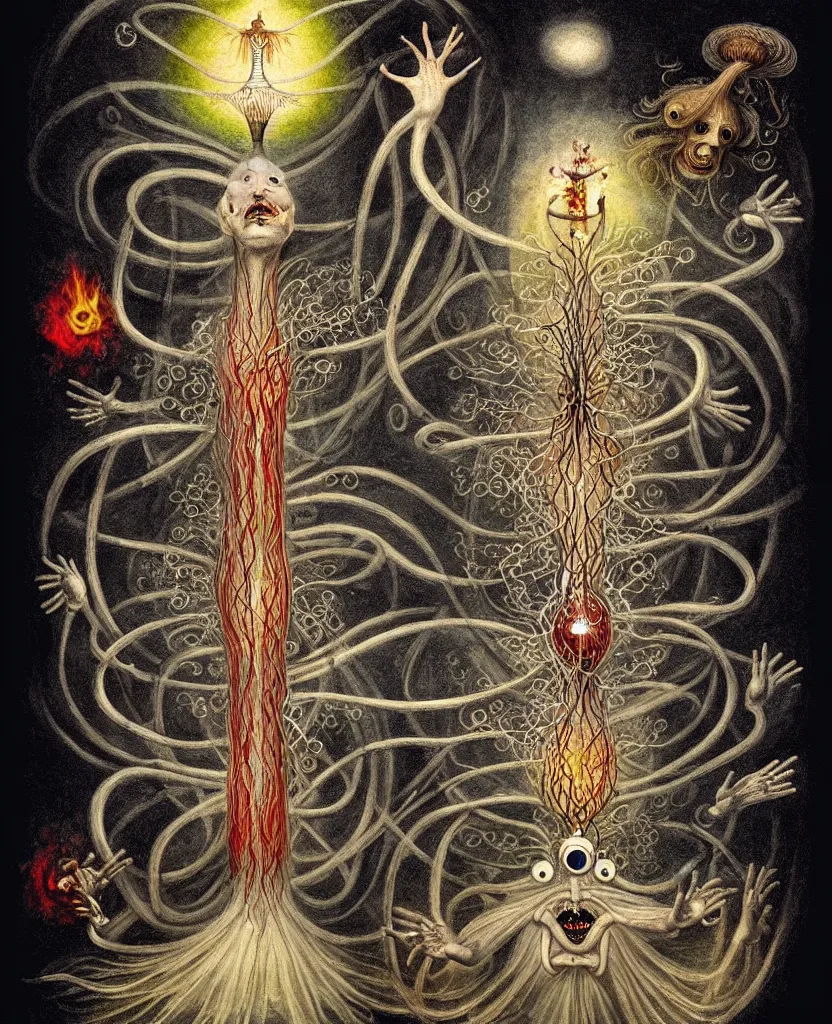 Image similar to whimsical freaky creature sings a unique canto about'as above so below'being ignited by the spirit of haeckel and robert fludd, breakthrough is iminent, glory be to the magic within, painted by ronny khalil