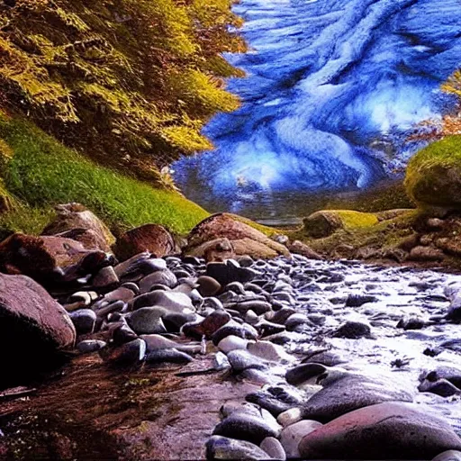 Image similar to a beautiful landscape, river, rocks, trees, by greg rutkowsi, glitch!!!!