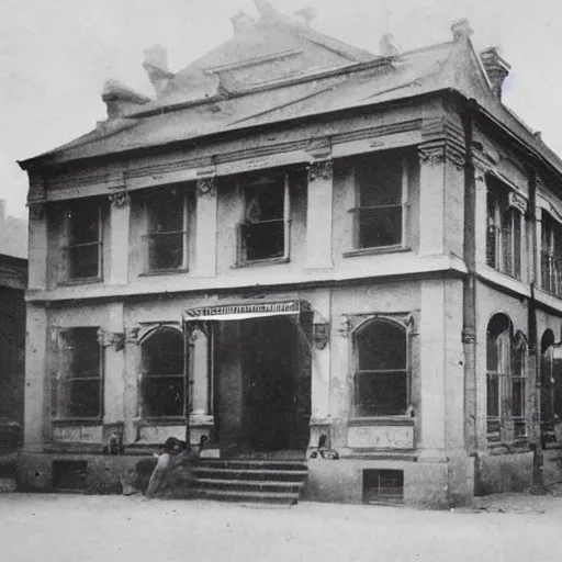 Prompt: a old, worn out photograph of the sydney oprea house taken in 1 9 2 4, photograph on table