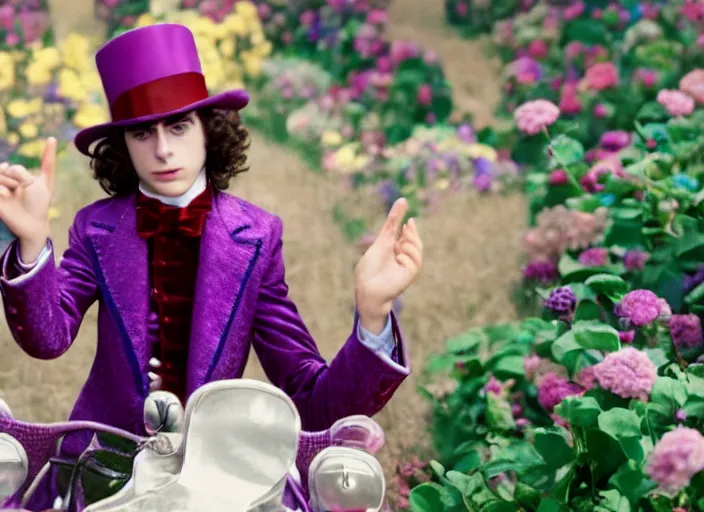 Image similar to film still of Timothée Chalamet as Willy Wonka in new Willy Wonka movie, 4k