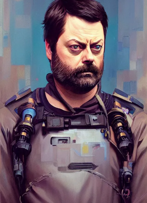 Image similar to a full body portrait oil painting illustration of nick offerman by justin sweet and greg rutkowski and alphonse mucha with face and body clearly visible, techwear, futuristic, cyberpunk, artstation trending, high quality, sombre mood, artstation trending, abstract colours, no crop, entire character!,