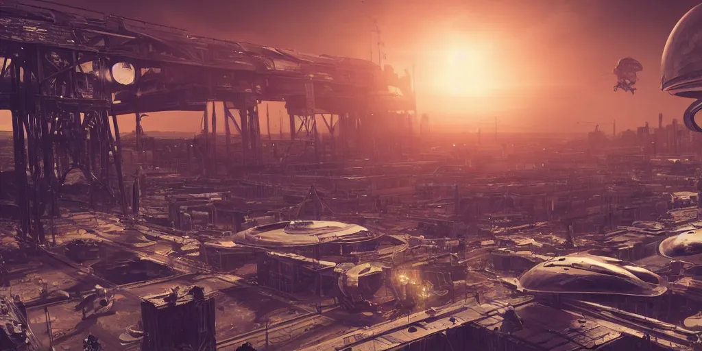 Prompt: alien spacecraft hovering over busy space port surrounded by alien robots, steel archways, industrial buildings, rusty metal towers, sun setting, cinematic lighting, digital painting, octane render