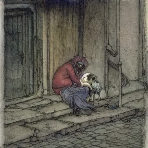 Prompt: dilapidated man begging with ragged mutt on streetcorner. illustration by Brian Froud and John Bauer