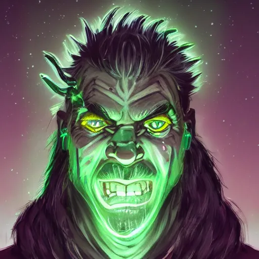 Image similar to an older half - orc shaman with long wiry grey hair, glowing green eyes, glowing tattoos, lightning in background, rainy background, character concept art, artstation, digital art