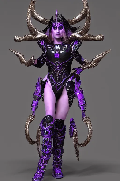 Prompt: a beautiful woman wearing black and purple armor and a elaborate headdress with spiral horns, dynamic pose, beautiful symmetric face, 3 d render, unreal engine, photorealistic skin texture, subsurface scattering, by julie bell