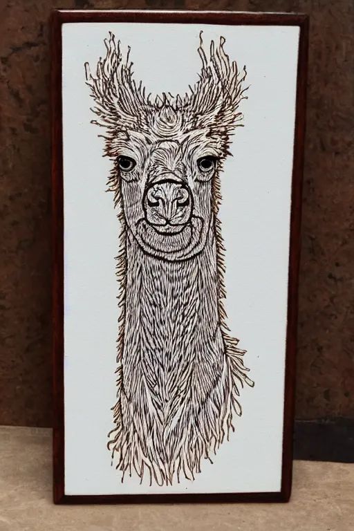 Prompt: fractal wood burning lichtenberg figure llama portrait