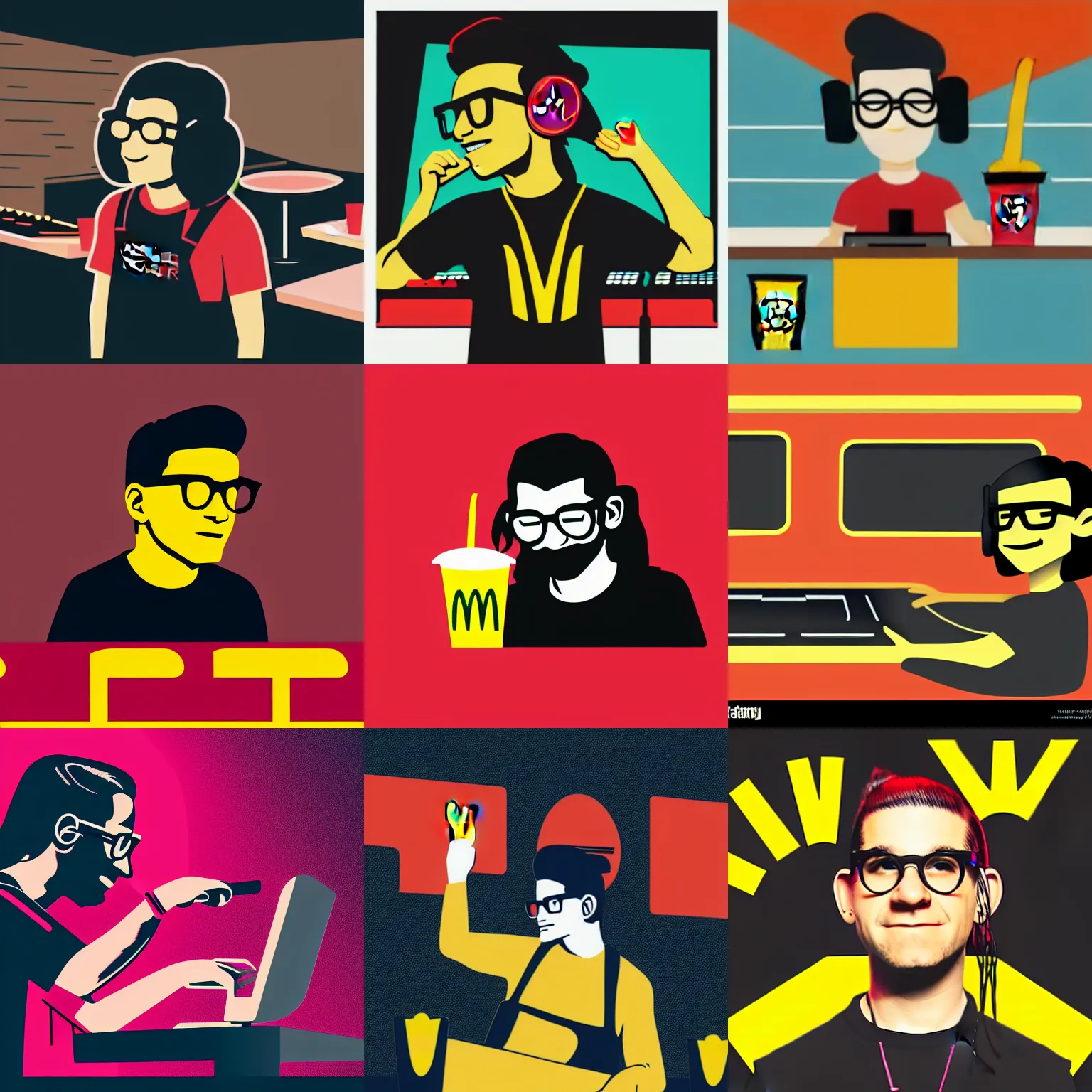 Prompt: photograph of Skrillex DJing at a McDonalds, 8K resolution, vector based illustration, high detail