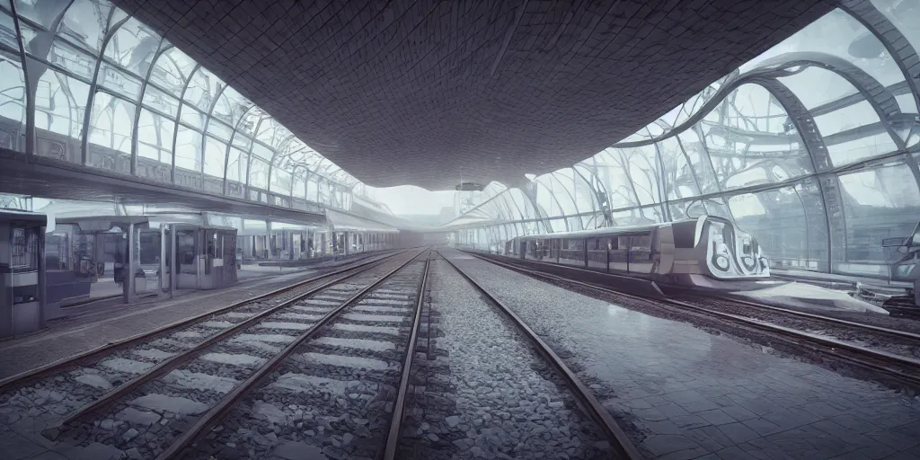 Image similar to photo of epic futuristic train station, 1970's trains, leica, lomo, soft light, morning light, photorealistic, details, octane render, cryengine, 8k, cinematic shot