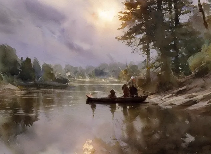 Image similar to watercolor of calm river with wooden boat, stone bridge, art by anders zorn, wonderful masterpiece by greg rutkowski, beautiful cinematic light, american romanticism by greg manchess, creation by tyler edlin