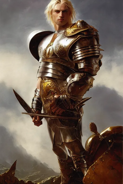 Prompt: a powerful and muscular male warrior , half body portrait, blond hair, ornate armour, realistic oil painting by Thomas Cole and Wayne Barlowe and Boris Valejo