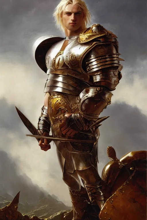 Image similar to a powerful and muscular male warrior , half body portrait, blond hair, ornate armour, realistic oil painting by Thomas Cole and Wayne Barlowe and Boris Valejo