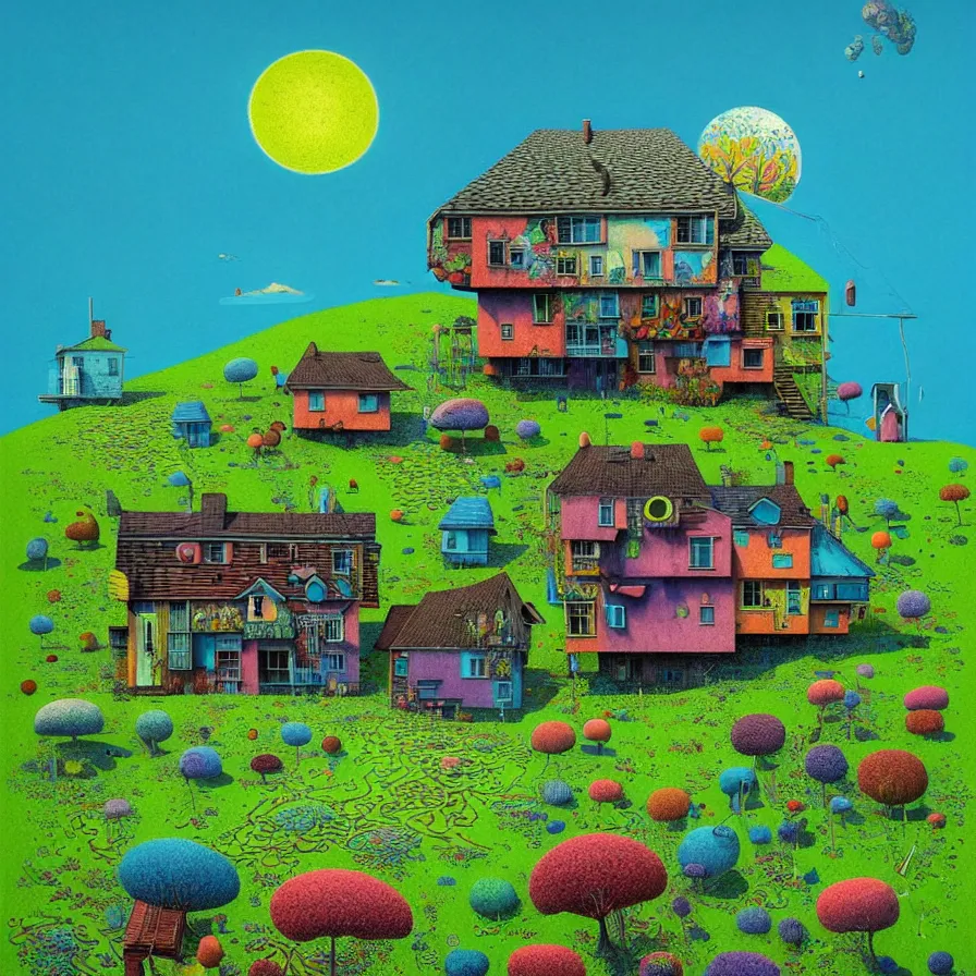 Image similar to surreal glimpse into other universe, a house on an island, summer morning, very coherent and colorful high contrast, art by!!!! gediminas pranckevicius!!!!, geof darrow, floralpunk screen printing woodblock, dark shadows, hard lighting, stipple brush technique,