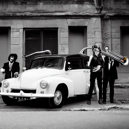 Prompt: black and white photography of 5 musicians included one singer playing weird horn instruments near an old renault super 5 car on the side of the photography, new album cover, brass instruments, soul singer, sousaphone, 8 k, ultra realistic photography, highly detailed, cinematic lightning, dramatic lighting, symmetry