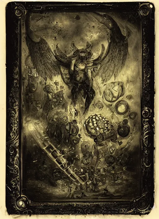 Image similar to old wetplate daguerreotype demons, devil, pain, anger, desolation, angel, explosion of data fragments, fractal, intricate, elegant, highly detailed, parallax, leica, medium format, subsurface scattering, by jheronimus bosch and greg rutkowski and brom