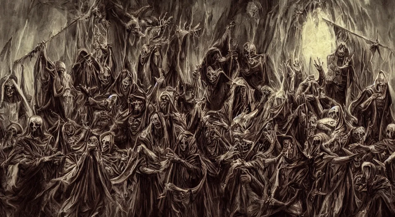 Prompt: grim painting of evil occult ritual with hooded cult members, folklore, demonic shrine, ultra realistic, concept art, intricate details, eerie highly detailed