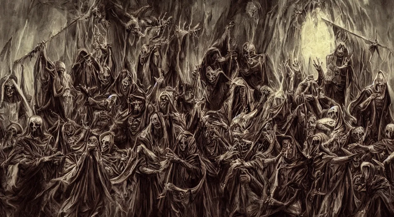 Image similar to grim painting of evil occult ritual with hooded cult members, folklore, demonic shrine, ultra realistic, concept art, intricate details, eerie highly detailed