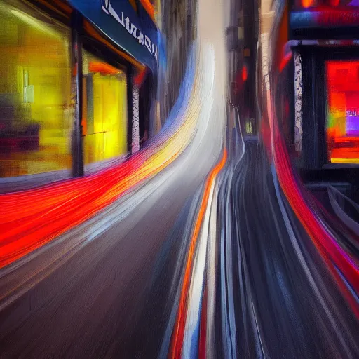 Image similar to abstract oil painting of a long exposure of a busy street