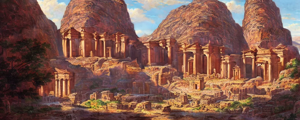 Prompt: A beautiful highly detailed epic painting of the temple at petra, with waterfalls and inhabitants going about their business, townscape, warm saturatured colors, clear blue sky, panorama, by greg rutkowski and thomas kinkade, Trending on artstation HD.