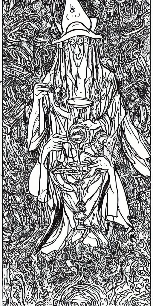 Image similar to a mystical man with a goblet on the table, wizard hat, drawn by Naoko Takeuchi, impressive line work, tarot card. tarot card the magician, psychedelic, intricate, detailed