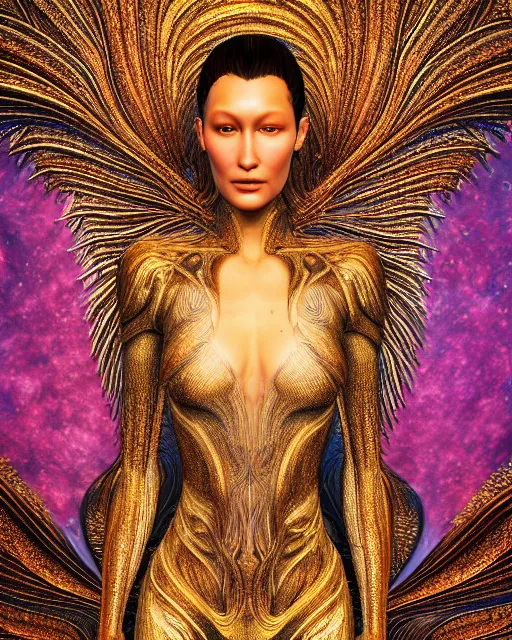 Image similar to a highly detailed metahuman 8 k close up render of bella hadid as alex grey art renaissance in iris van herpen dress in style of gustav klimt trending on artstation made in unreal engine 4