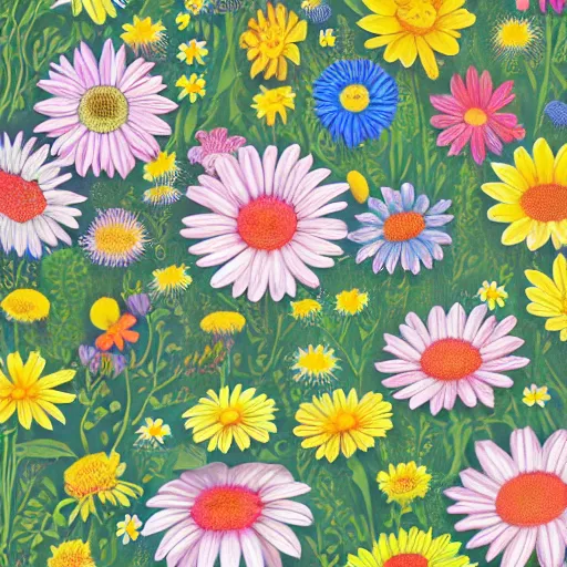 Image similar to highly detailed daisy pattern growing out of books, in the style of old botanical illustrations, matisse, lisa frank, and japanese art, 4 k