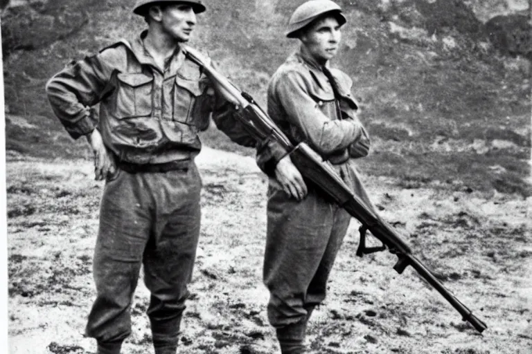 Prompt: Lionel Messi standing with a gun in world war 2, vintage photograph