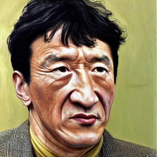 Image similar to high quality high detail painting by lucian freud, hd, portrait of mad jackie chan