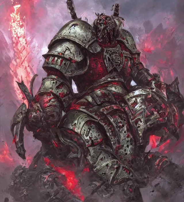 Image similar to battle scene portrait of armored heroes warhammer 4 0 k fight war fighting nurgle warrior, cesede, the chaos god of plague and decay, red chaos knight with cathedrals and columns, pestilence, champion, emperor, abbeys, elegant concept art by ruan jia