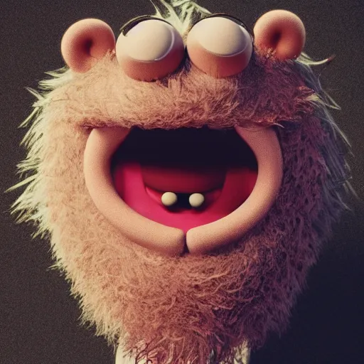 Image similar to a still of a forgotten muppet character looking very manly and modern, hilarious, laughing, hairy chest, huge chin, manly monster tough guy, roughled fur, photo real, photographic, photograph, artstation, trending, featured