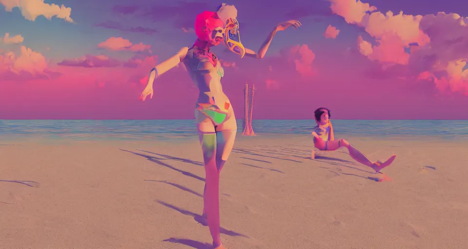 Image similar to fullbody vaporwave art of a fashionable zombie girl at a beach, early 90s cg, 3d render, 80s outrun, low poly, by carpenter brut