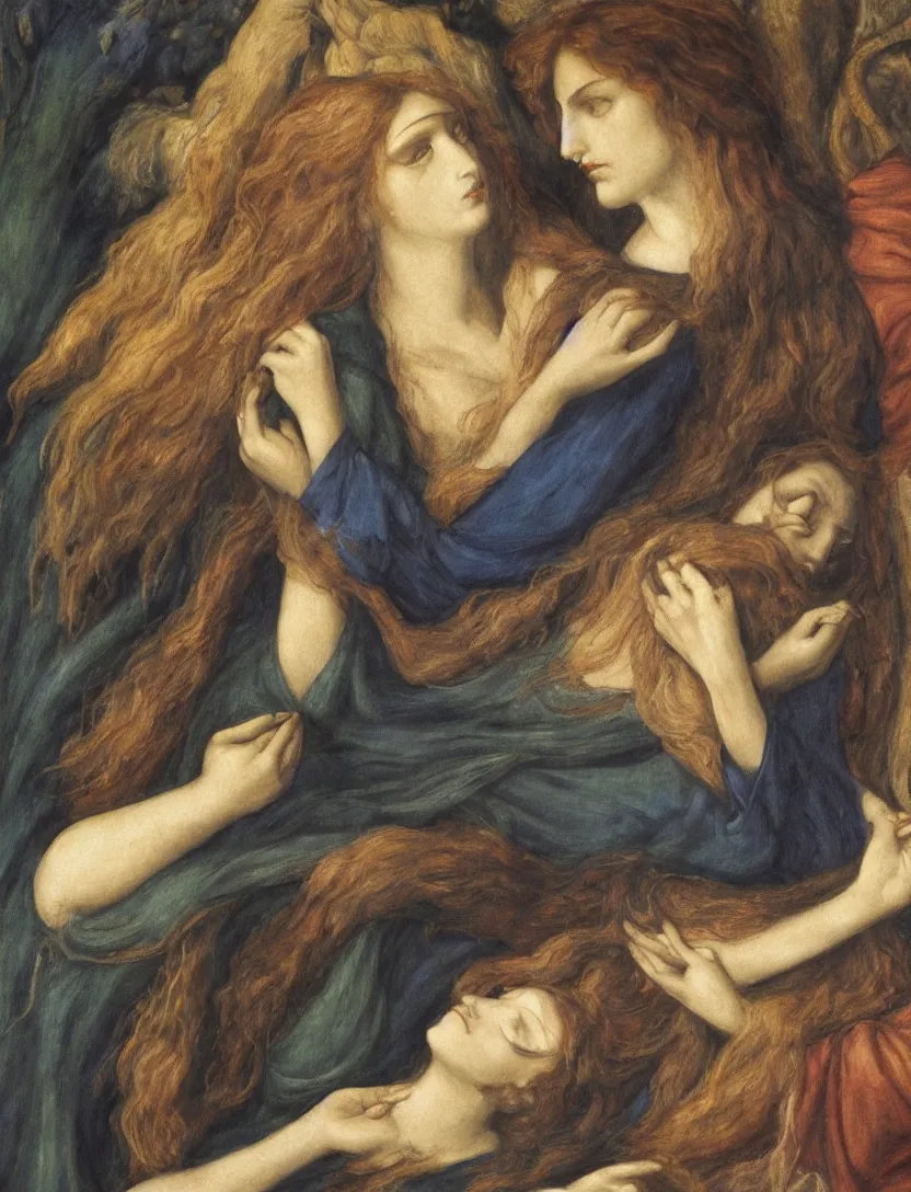 Prompt: Rossetti's inspiration for this painting was the 'Vita Nuova' (New Life), the Italian poet Dante's account of his idealised love for Beatrice, and of her premature death. The death of Beatrice is symbolised by a sudden spiritual transfiguration. A bird, a messenger of death, drops a white poppy between her open hands. The sundial's shadow rests on the figure nine, the number Dante connects mystically with Beatrice and her death. In the background the shadowy form of Dante gazes towards the figure of Love. Rossetti saw this work as a memorial to his wife, Elizabeth Siddall, who had died in 1862.