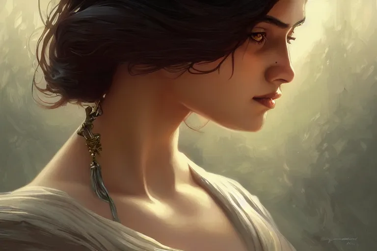 Image similar to sensual good looking pale young bengali girl with soulful eyes with a majestic german shepherd, portrait, elegant, intricate, digital painting, artstation, concept art, smooth, sharp focus, illustration, art by artgerm and greg rutkowski and alphonse mucha