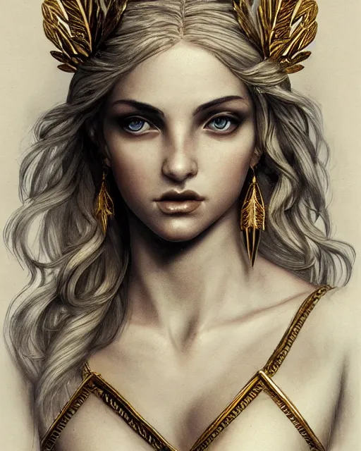 Image similar to front view of beautiful aphrodite greek goddess wearing a gold laurel wreath and triangle earrings, realism tattoo sketch, beautiful piercing eyes with sharp pupils, beautiful blonde hair, in the style of greg rutkowski, fantasy, amazing detail, epic, elegant, smooth, sharp focus