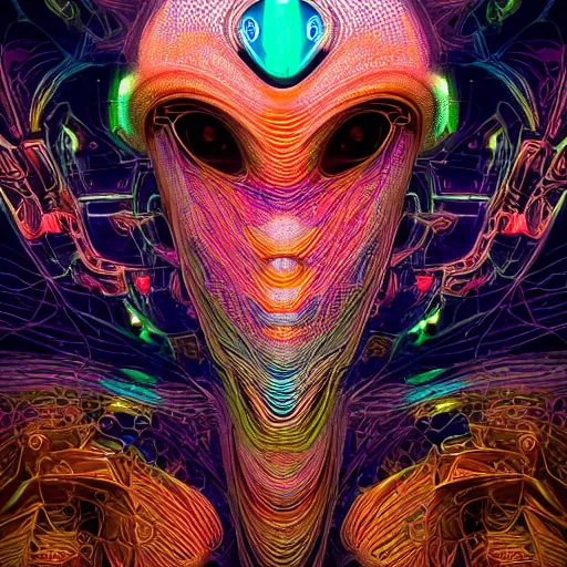 Image similar to Face of a Alien Deity, centered, corals, plume made of geometry, extremly detailed digital painting, sharp focus in the style of android jones, artwork of a futuristic artificial intelligence superstar with frames made of detailed circuits, mystical colors, rim light, beautiful lighting, 8k, stunning scene, raytracing, octane, under water visual distortion, dark tones colors, trending on artstation