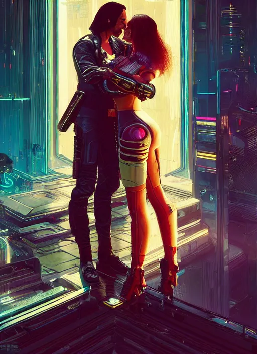 Image similar to a cyberpunk 2077 couple portrait of Keanu Reeves & female android in final kiss,love,film lighting,by Laurie Greasley,Lawrence Alma-Tadema,Dan Mumford,artstation,deviantart,FAN ART,full of color,Digital painting,face enhance,highly detailed,8K,octane,golden ratio,cinematic lighting