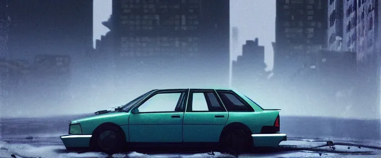 Prompt: Aqua Metallic Audi RS 2 Avant (1995), black car, a gritty neo-noir, dramatic lighting, cinematic, establishing shot, extremely high detail, photorealistic, cinematic lighting, artstation, by simon stalenhag, Max Payne (PC) (2001) winter new york